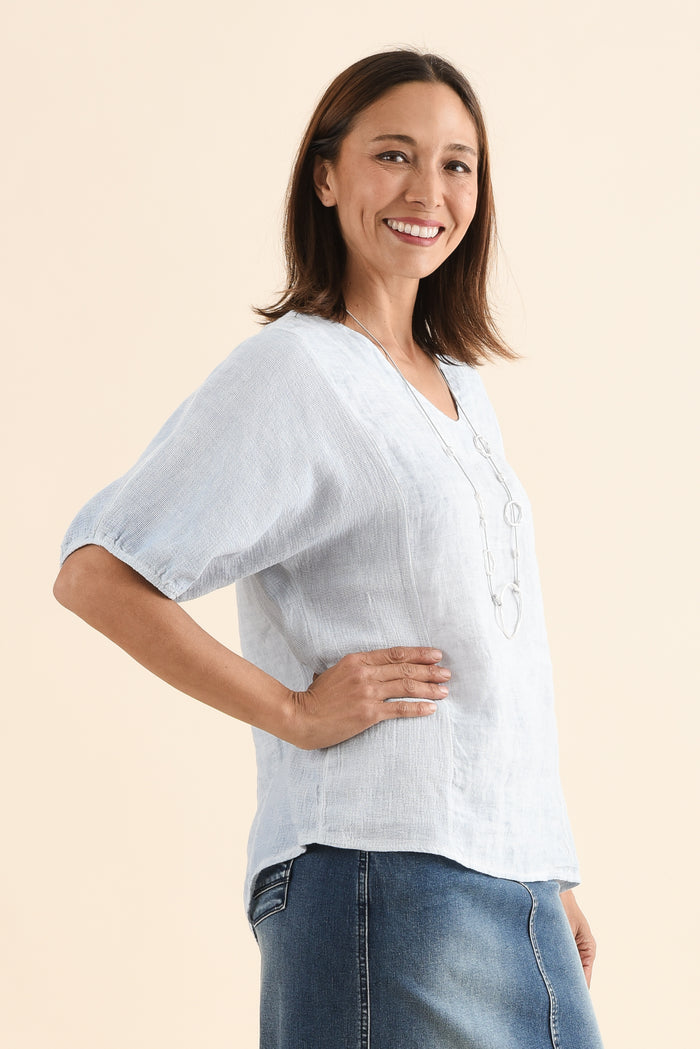 Ziola Light Blue Linen Cotton Top,Side,Brunette model,alt text|model:Cara