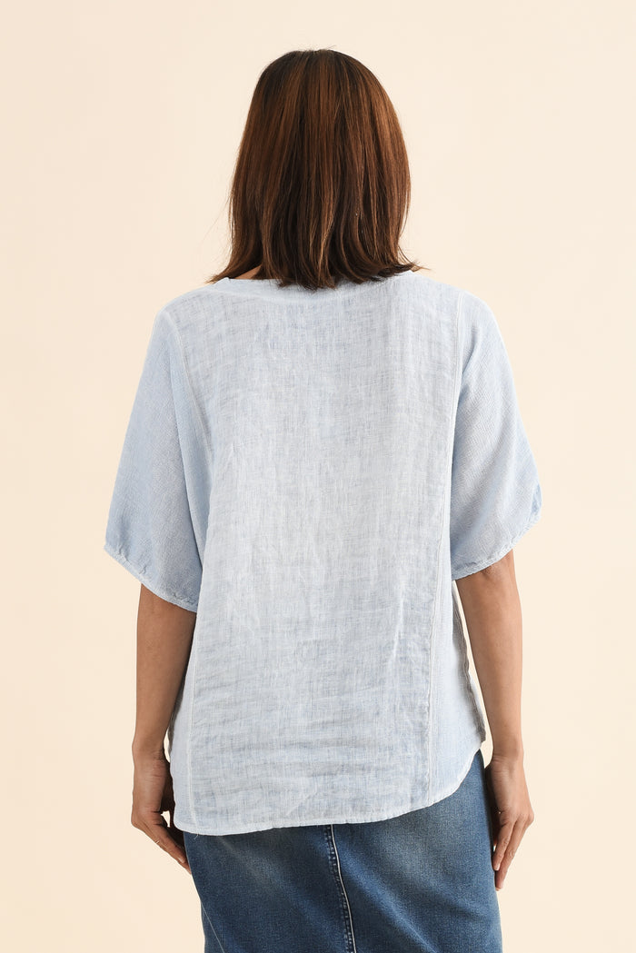 Ziola Light Blue Linen Cotton Top,Back,Brunette model,alt text|model:Cara