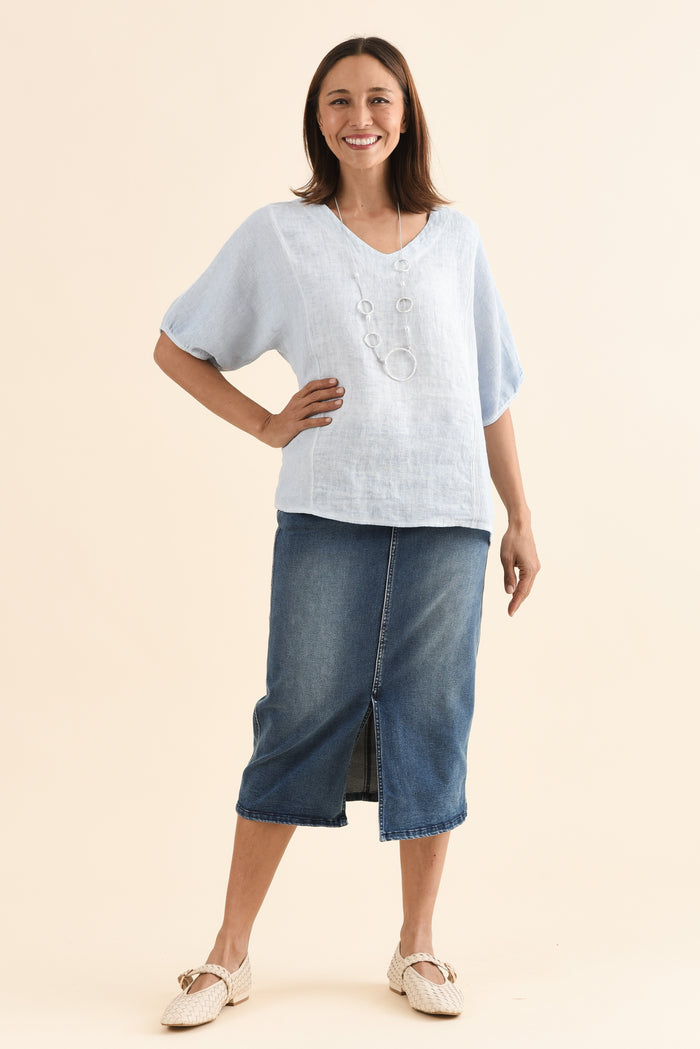 Ziola Light Blue Linen Cotton Top,Full Body,Brunette model,alt text|model:Cara