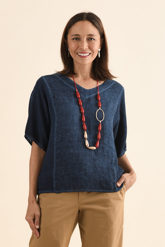 Ziola Navy Linen Cotton Top,Front,Brunette model,alt text|model:Cara