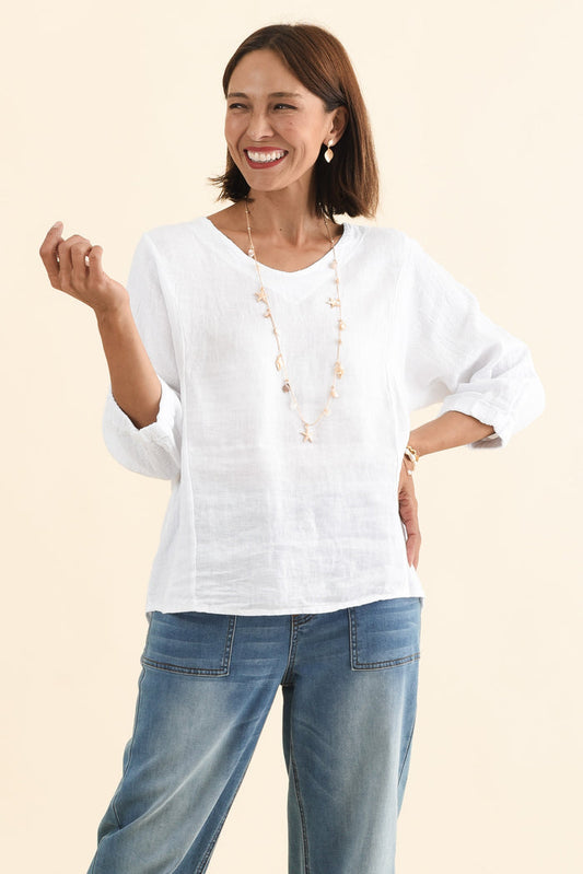 Ziola White Linen Cotton Top,Brunette model,alt text|model:Cara