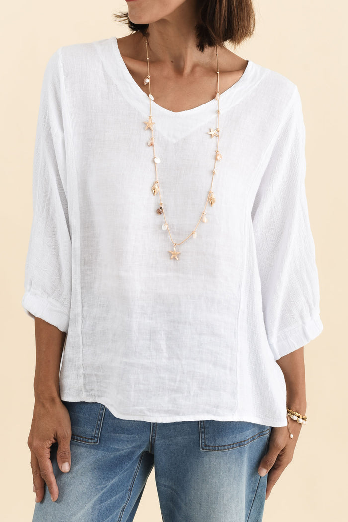 Ziola White Linen Cotton Top,Brunette model,alt text|model:Cara
