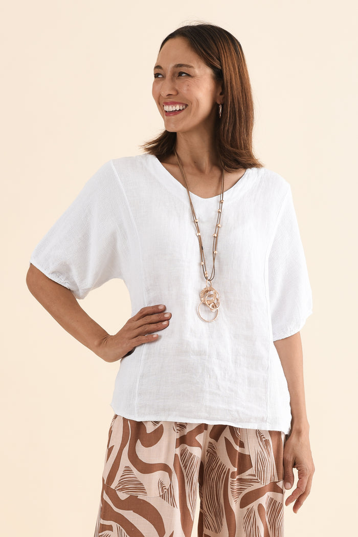 Ziola White Linen Cotton Top,Front,Brunette model,alt text|model:Cara