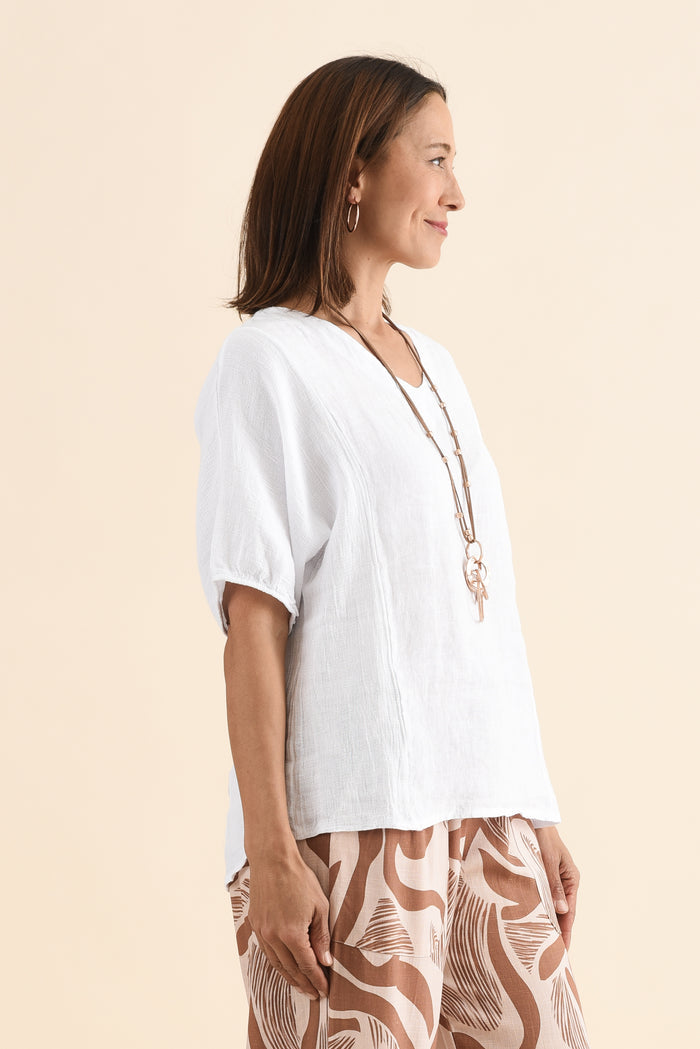 Ziola White Linen Cotton Top,Side,Brunette model,alt text|model:Cara