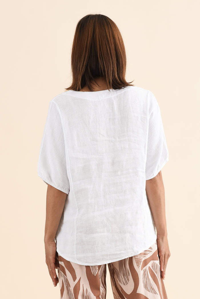 Ziola White Linen Cotton Top,Back,Brunette model,alt text|model:Cara