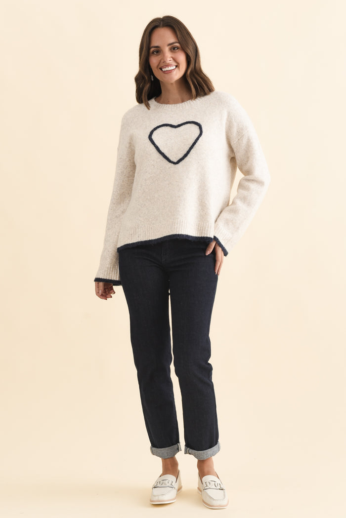 Zoe Beige Heart Knit Jumper,Brunette model,alt text|model:MJ