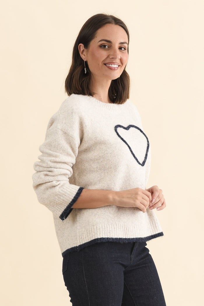 Zoe Beige Heart Knit Jumper,Brunette model,alt text|model:MJ