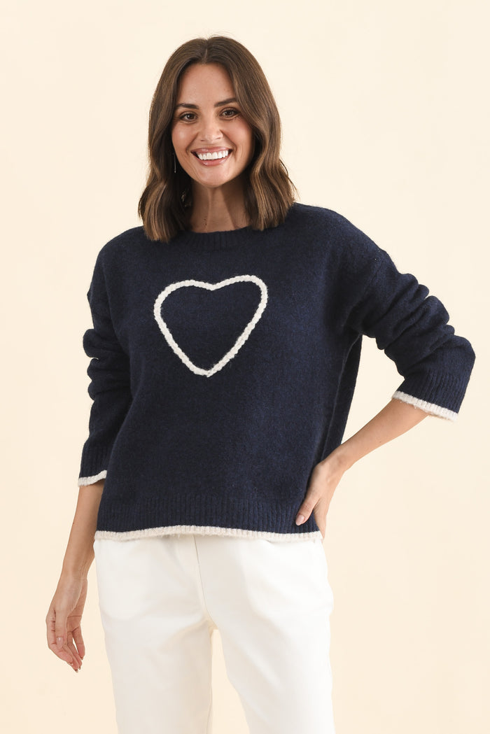 Zoe Navy Heart Knit Jumper,Brunette model,alt text|model:MJ