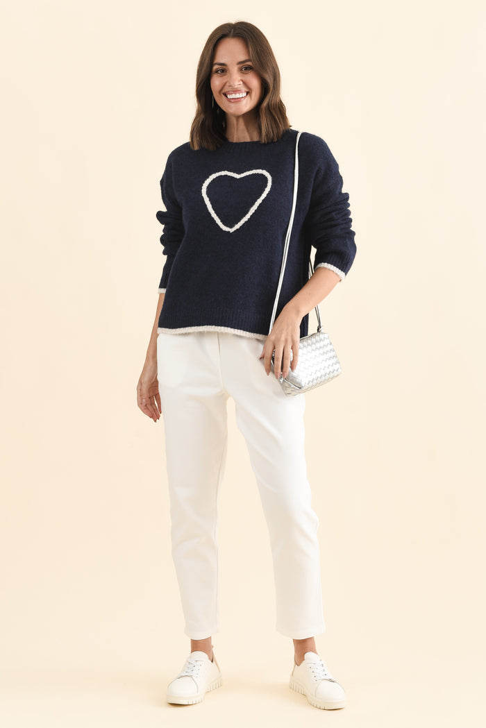 Zoe Navy Heart Knit Jumper,Brunette model,alt text|model:MJ