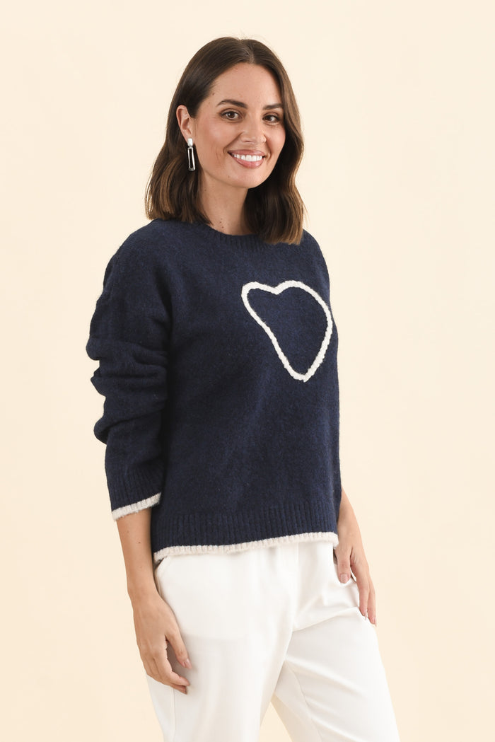Zoe Navy Heart Knit Jumper,Brunette model,alt text|model:MJ