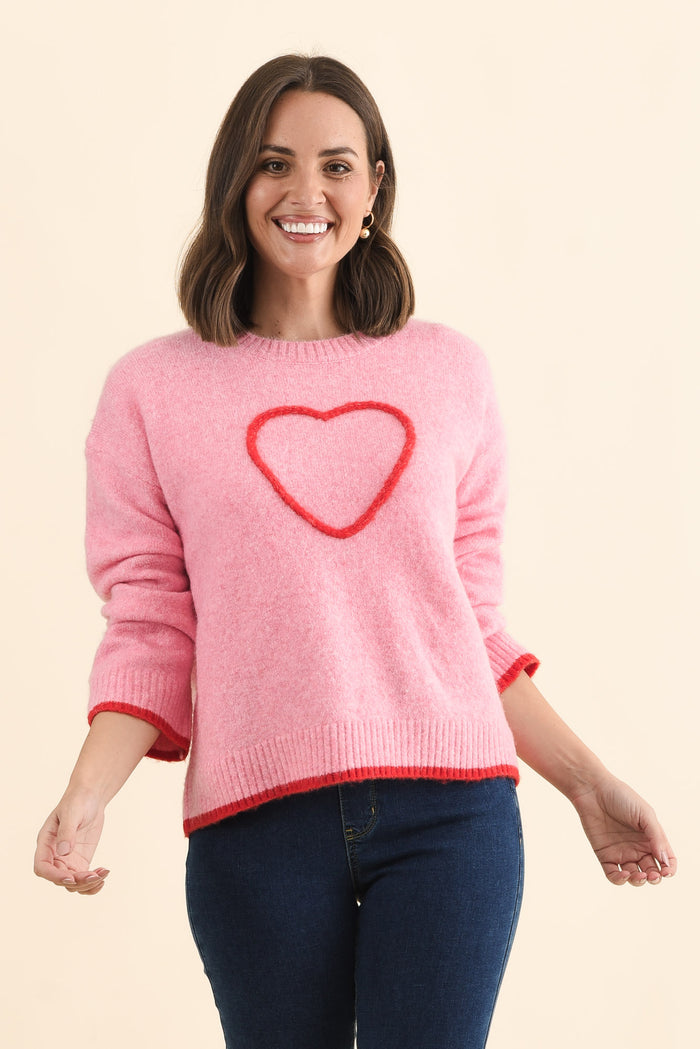 Zoe Pink Heart Knit Jumper,Brunette model,alt text|model:MJ