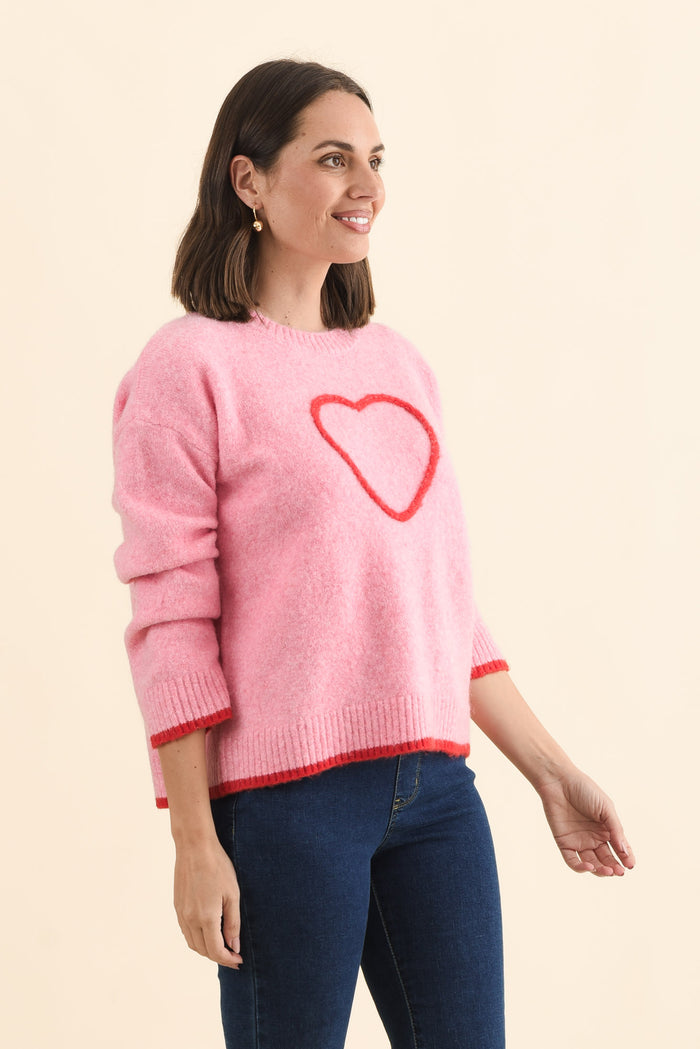 Zoe Pink Heart Knit Jumper,Brunette model,alt text|model:MJ
