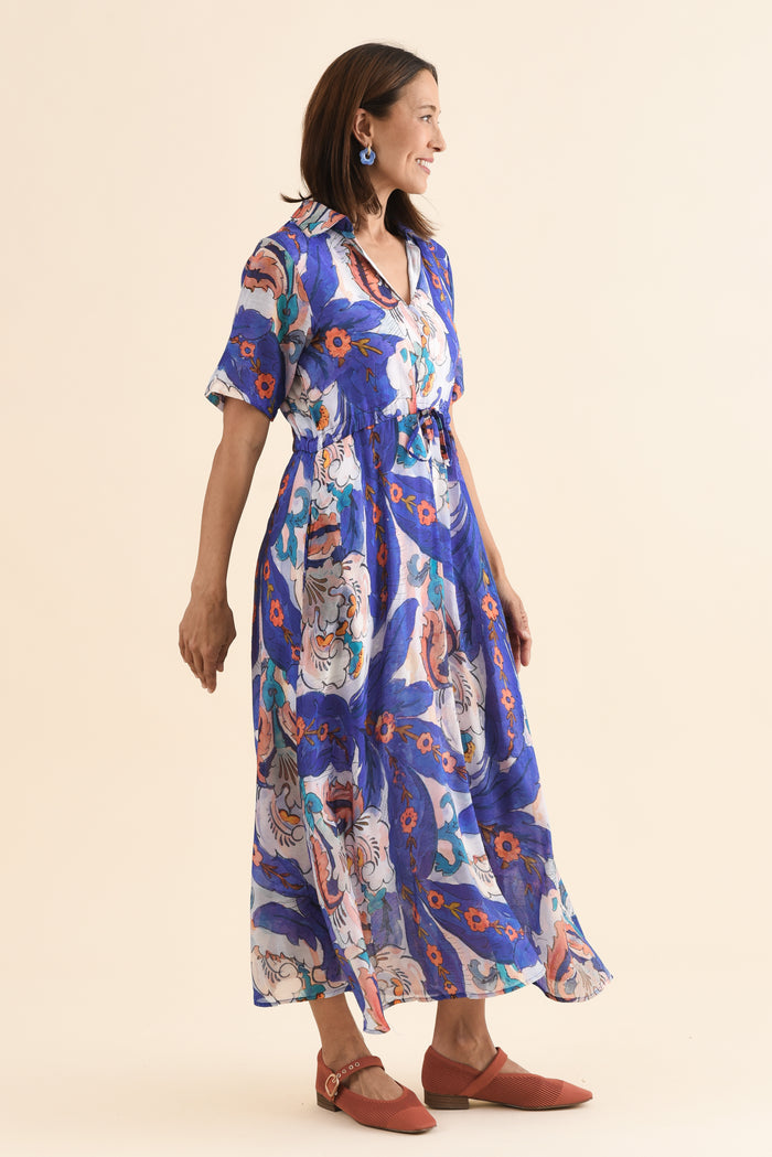 Zoya Blue Garden Pocket Tie Dress,Side,Brunette model,alt text|model:Cara