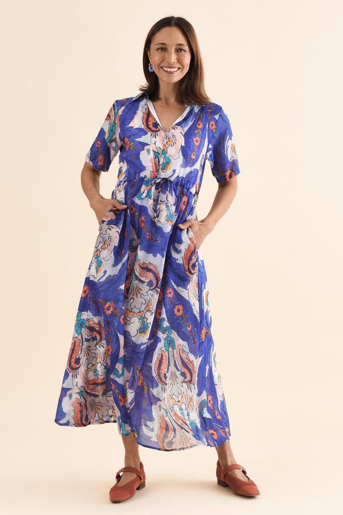 Zoya Blue Garden Pocket Tie Dress,Full Body,Brunette model,alt text|model:Cara